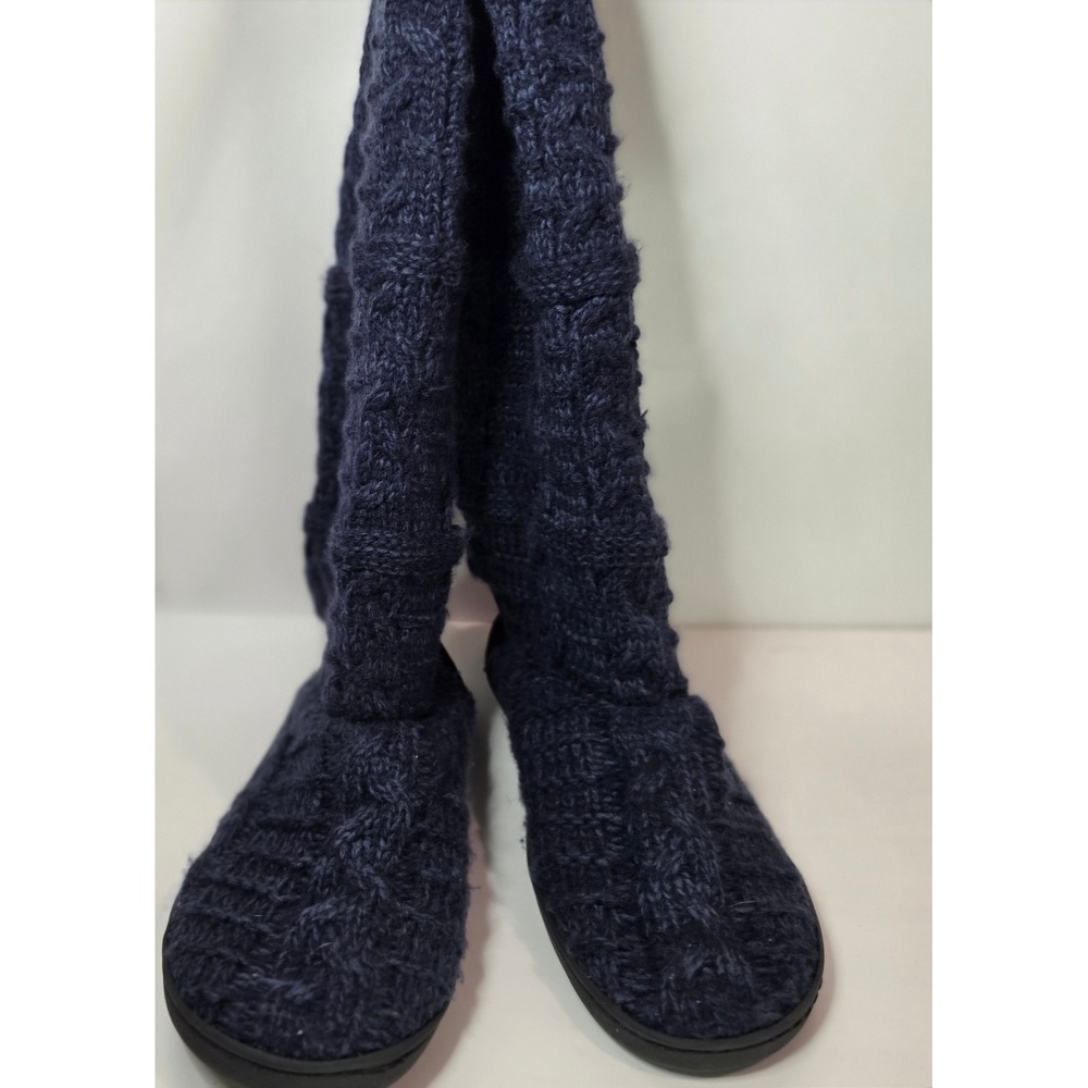 MUK LUKS Tall Slipper Boots Womens Large 9-10 Navy Blue Cable Knit Slouchy